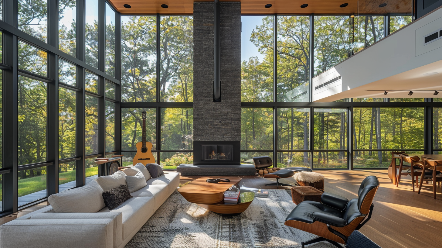 Country living room with fireplace and guitar