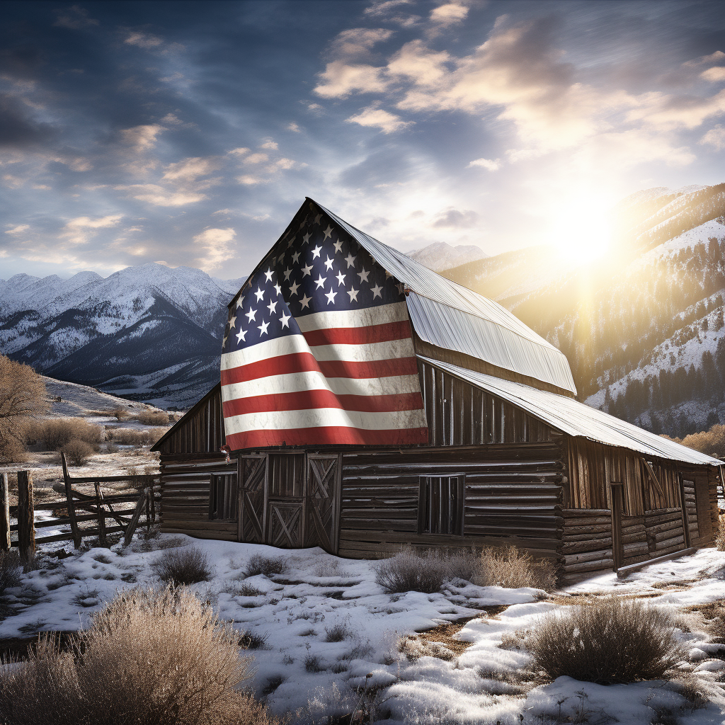 Beautiful American flag on mountain barn