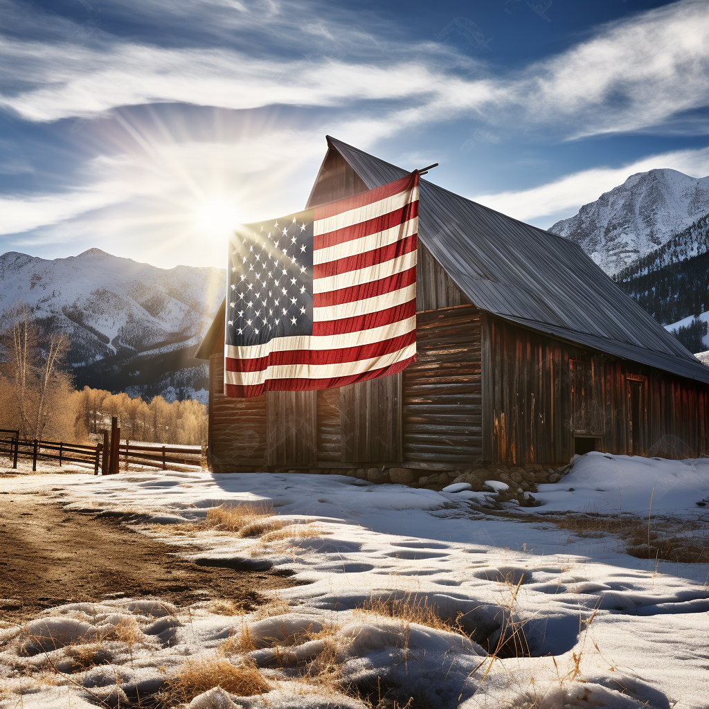 Beautiful American flag waving in front of barn