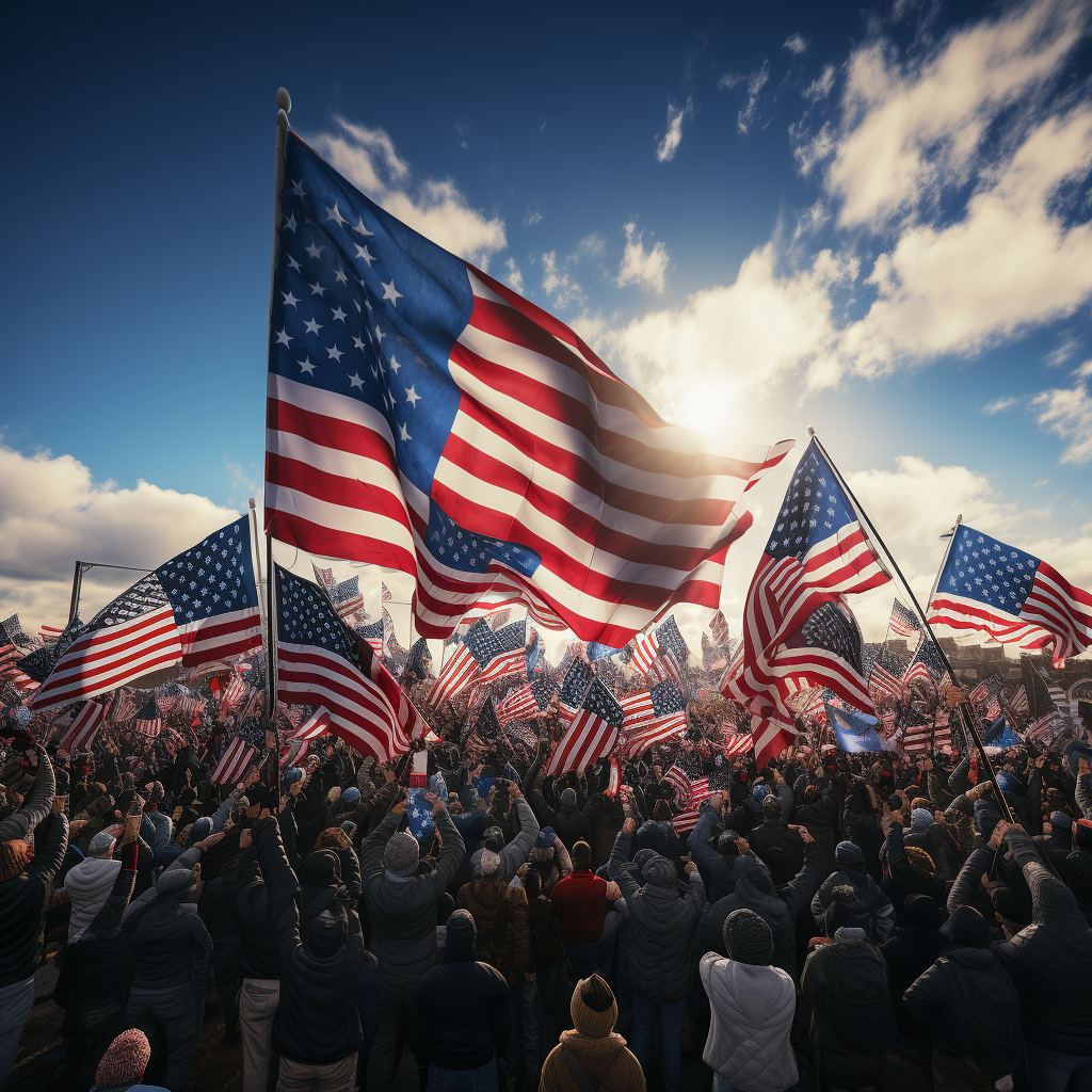 Crowd waving American flag at rally