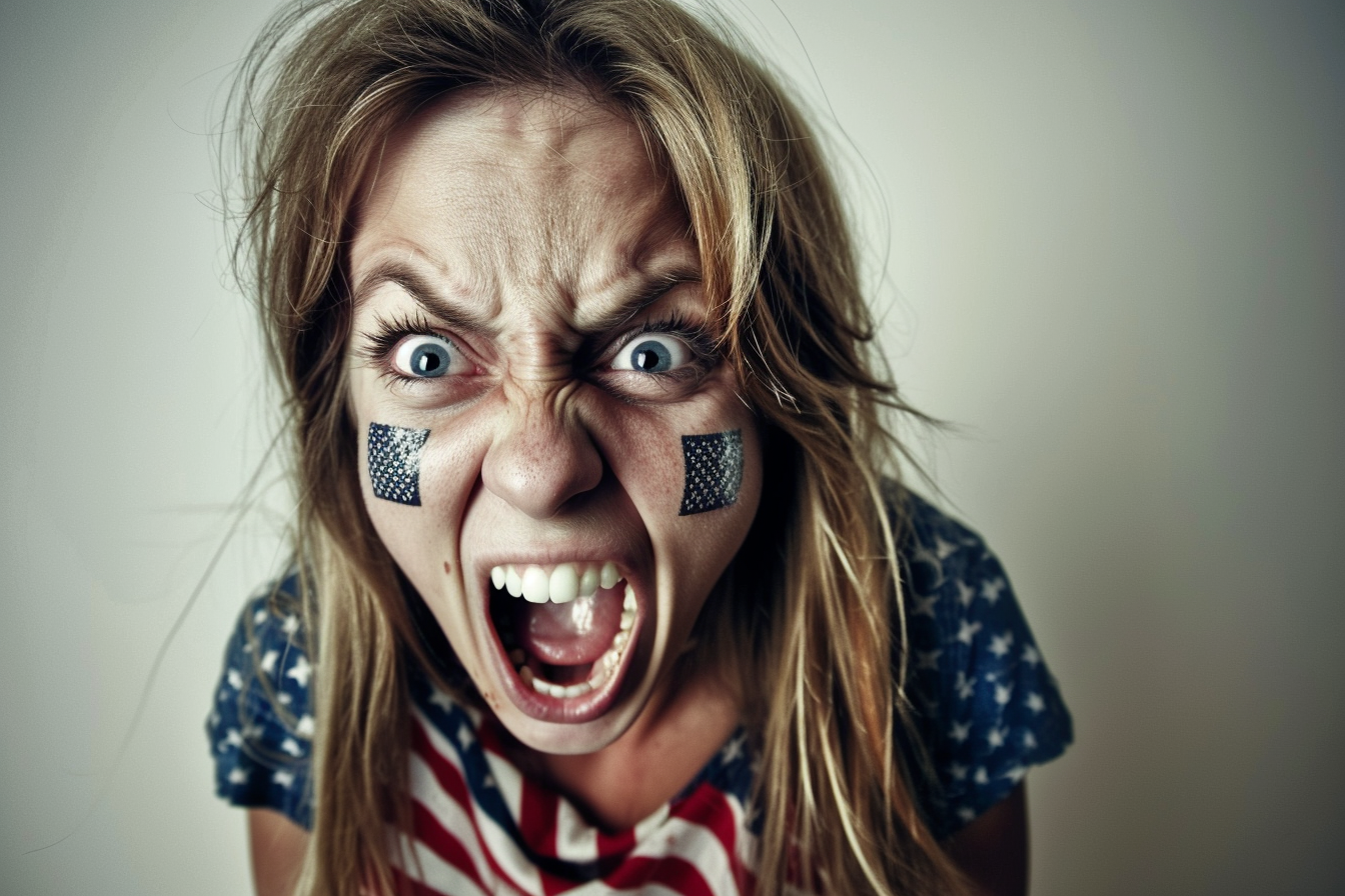 Female screaming with American flag face paint