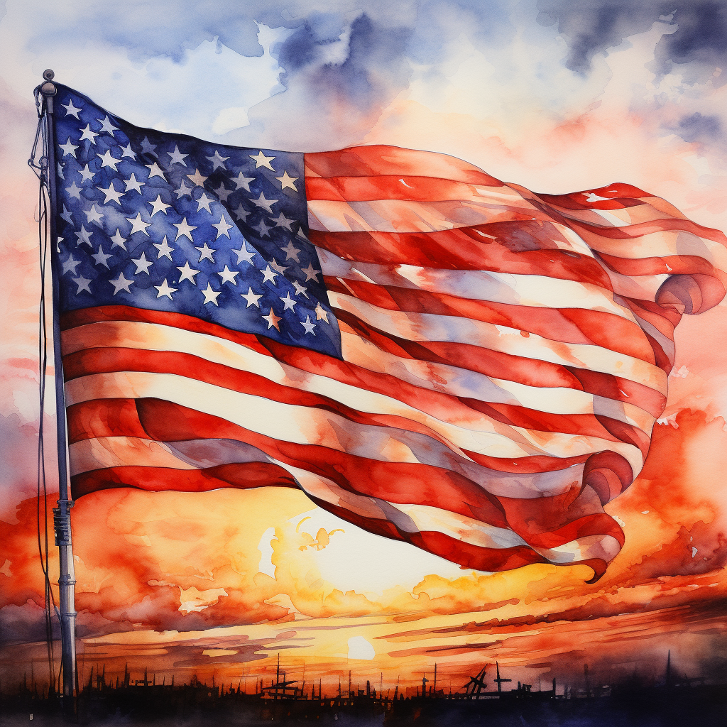 Beautiful watercolor painting of American Flag at sunset