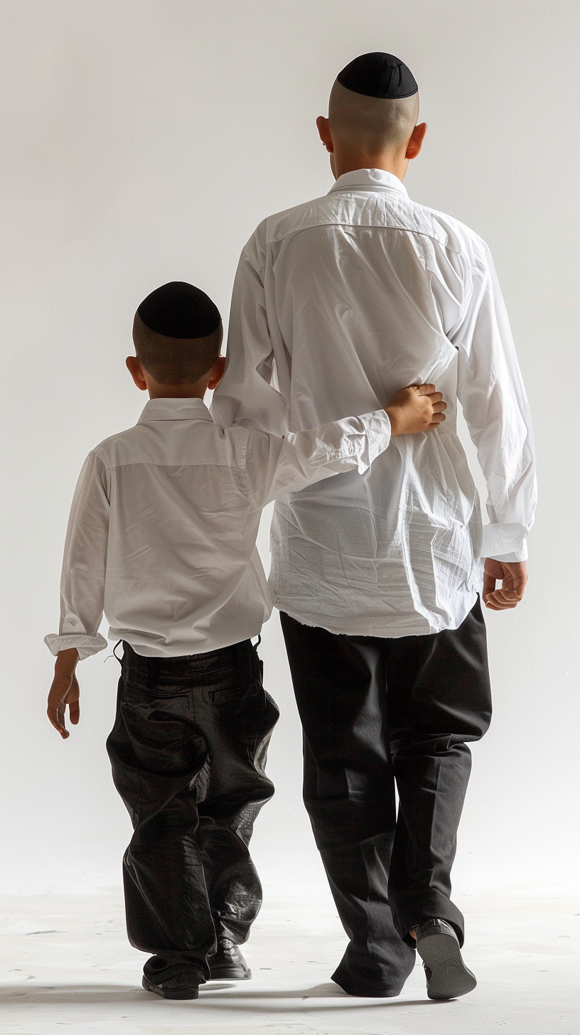 Hasidic Man and Boy Walking