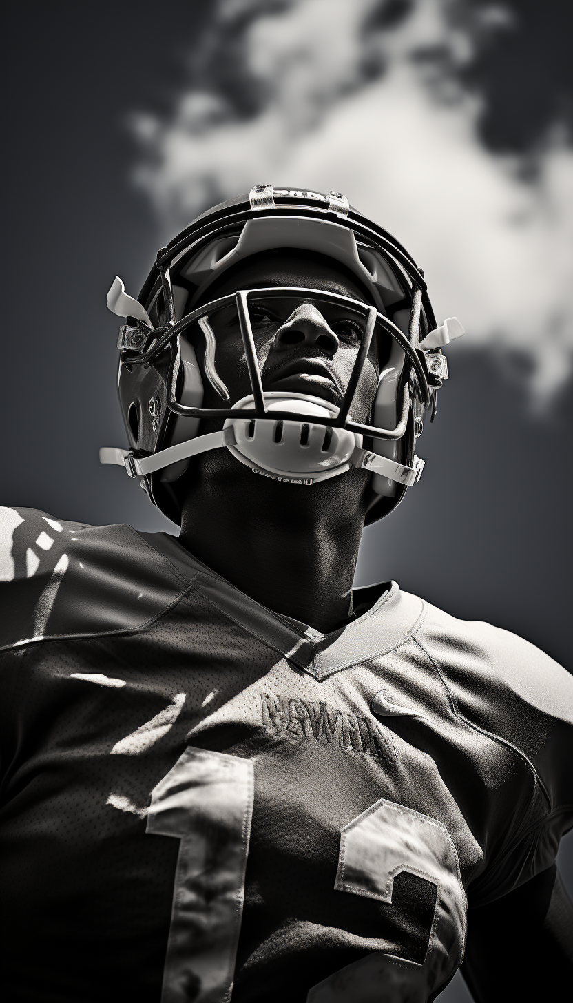 Football player in action with extreme blue skies