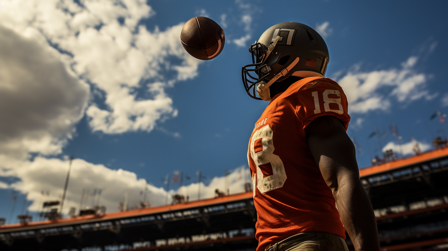 Rear view of football player scoring game-winning touchdown