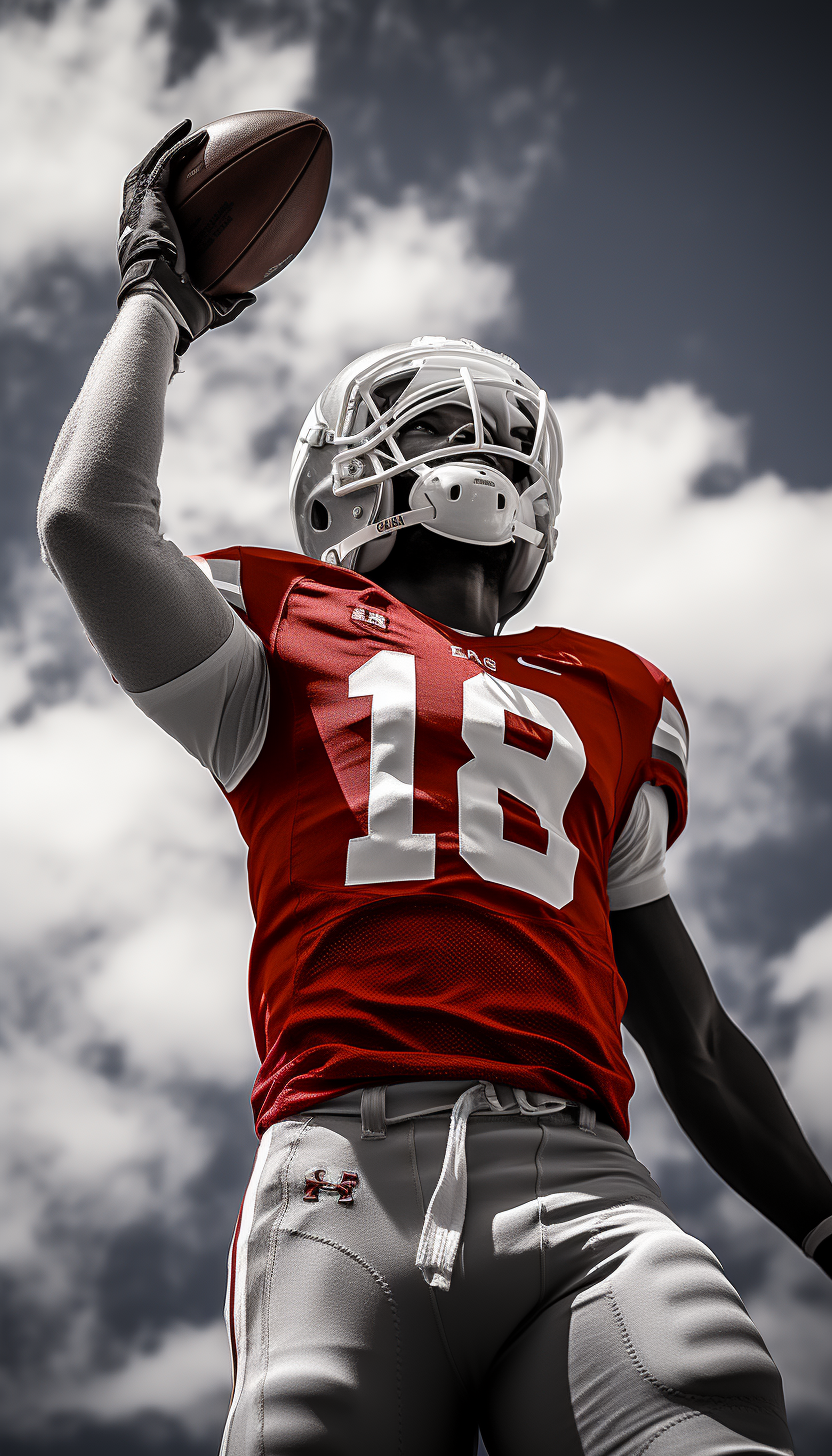 Rear view of American high school football player