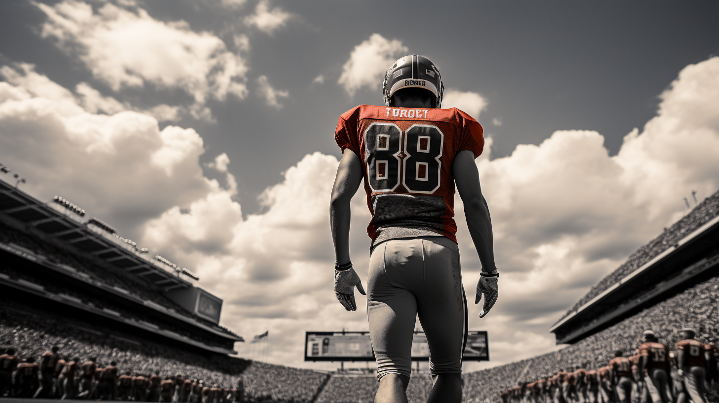 Rear view action shot of American high school football player