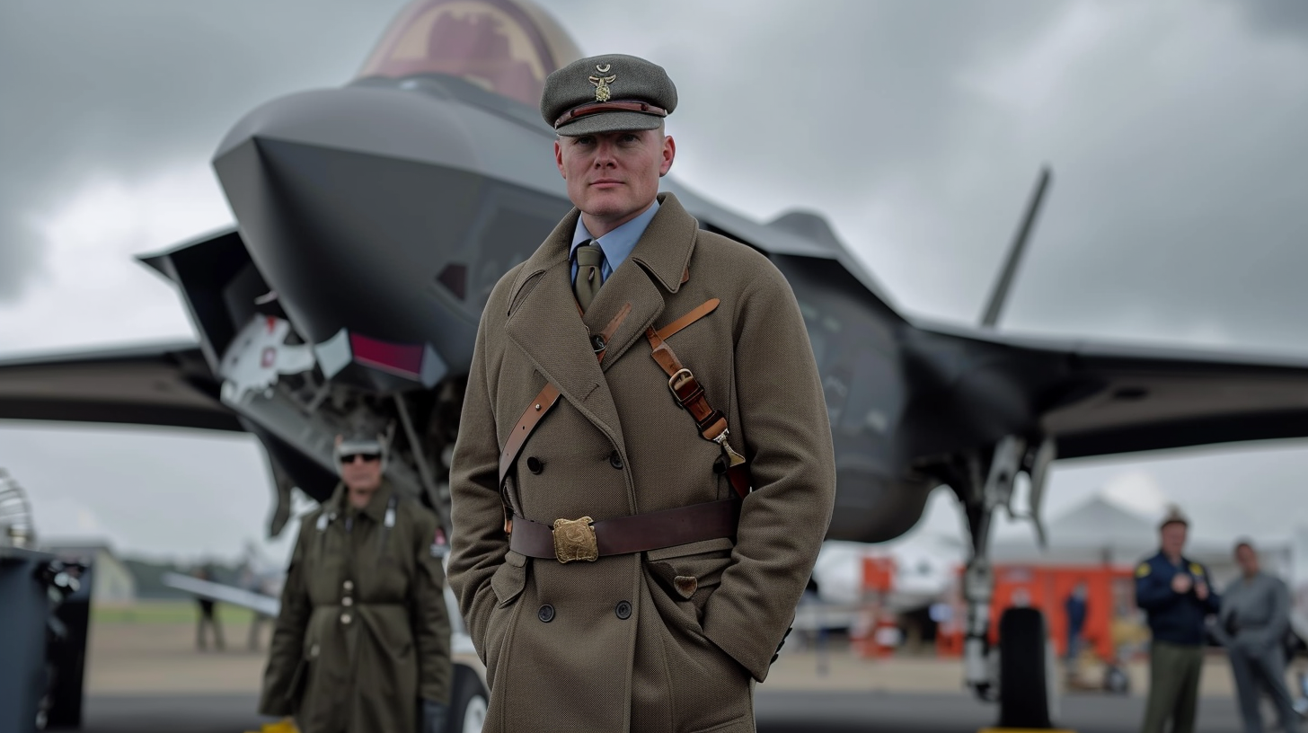 American Man in 1940s Attire with WWI Biplane and F35 Jet