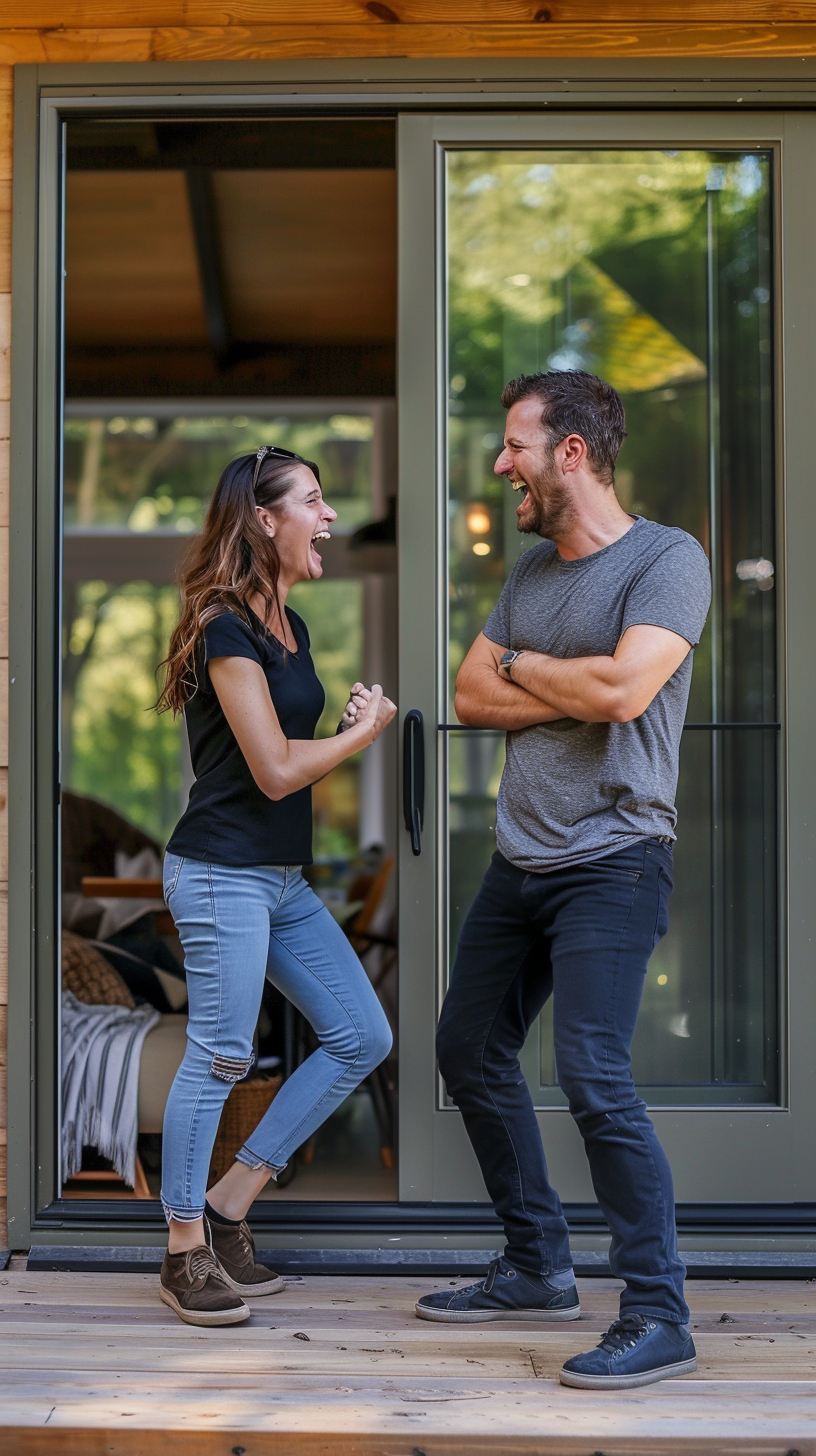 Married couple fighting in front of new energy efficient windows