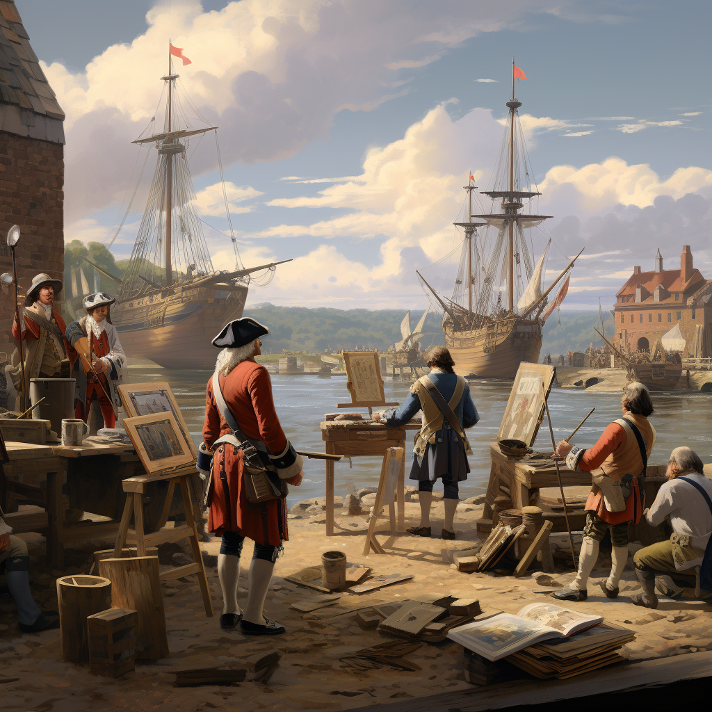 Painting of American Patriot and French Soldiers