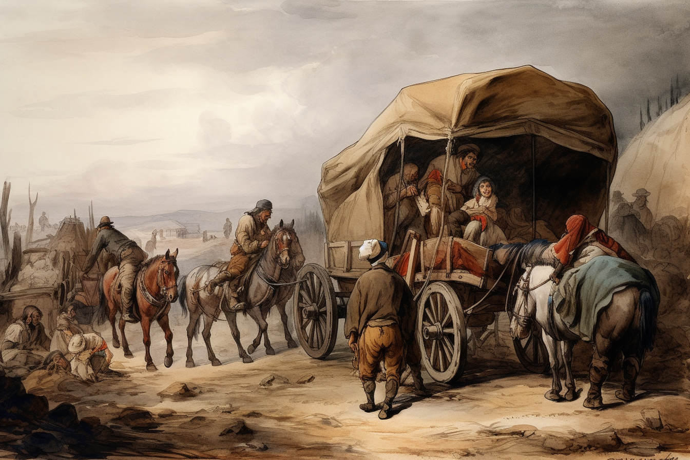 Painting of American Revolution refugees with wagons