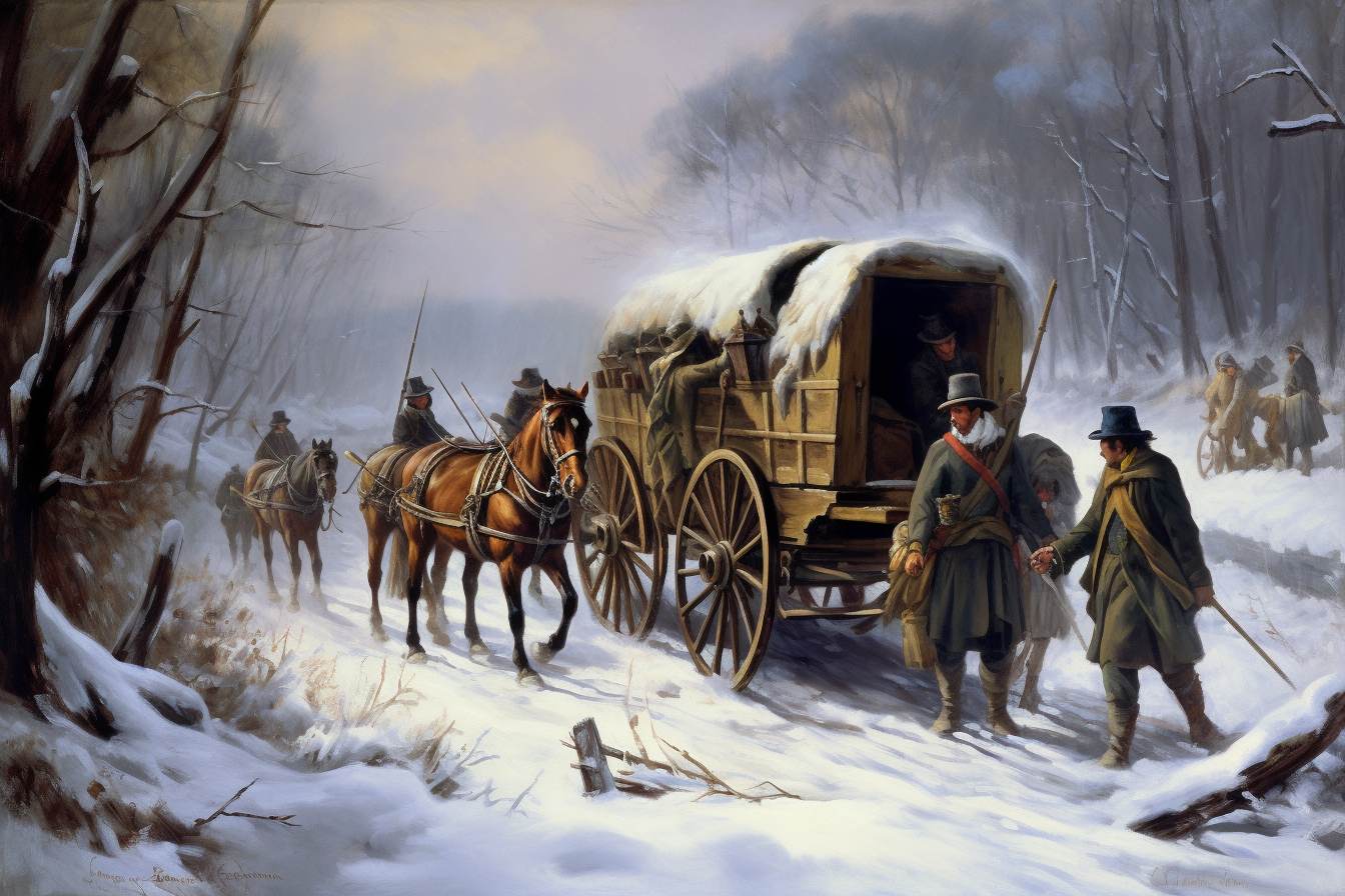 Artistic depiction of American Revolution refugees in winter