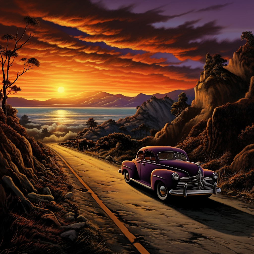 Classic car on an American road at sunset