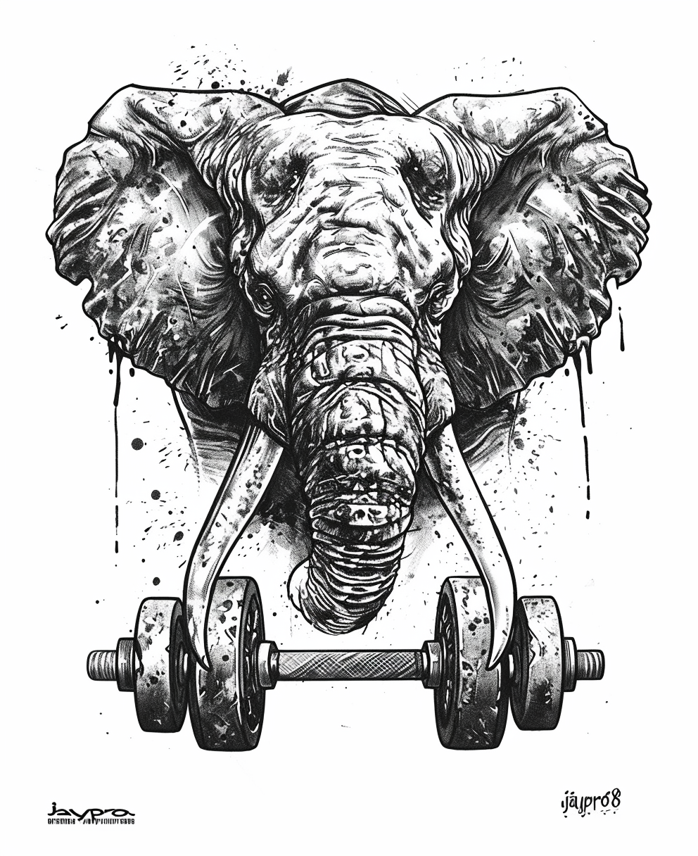 Vibrant American Style Heavy Metal Tattoo with Elephant and Dumbbells