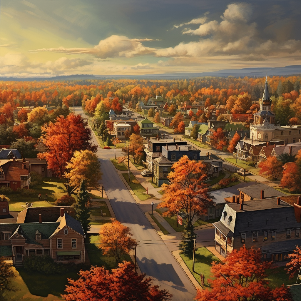 Stunning Vintage Aerial View of Small American Town in Autumn