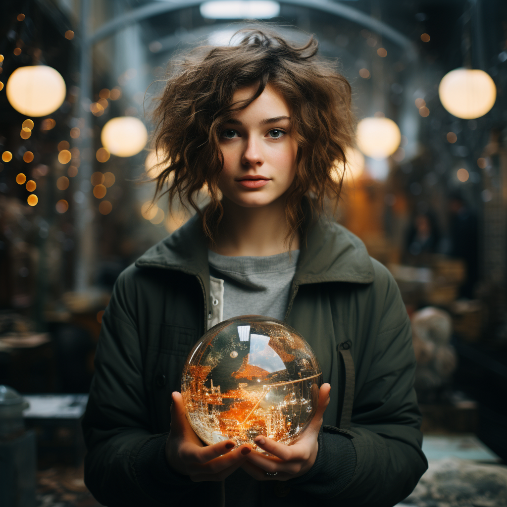 Young girl with freckles envisioning utopian city