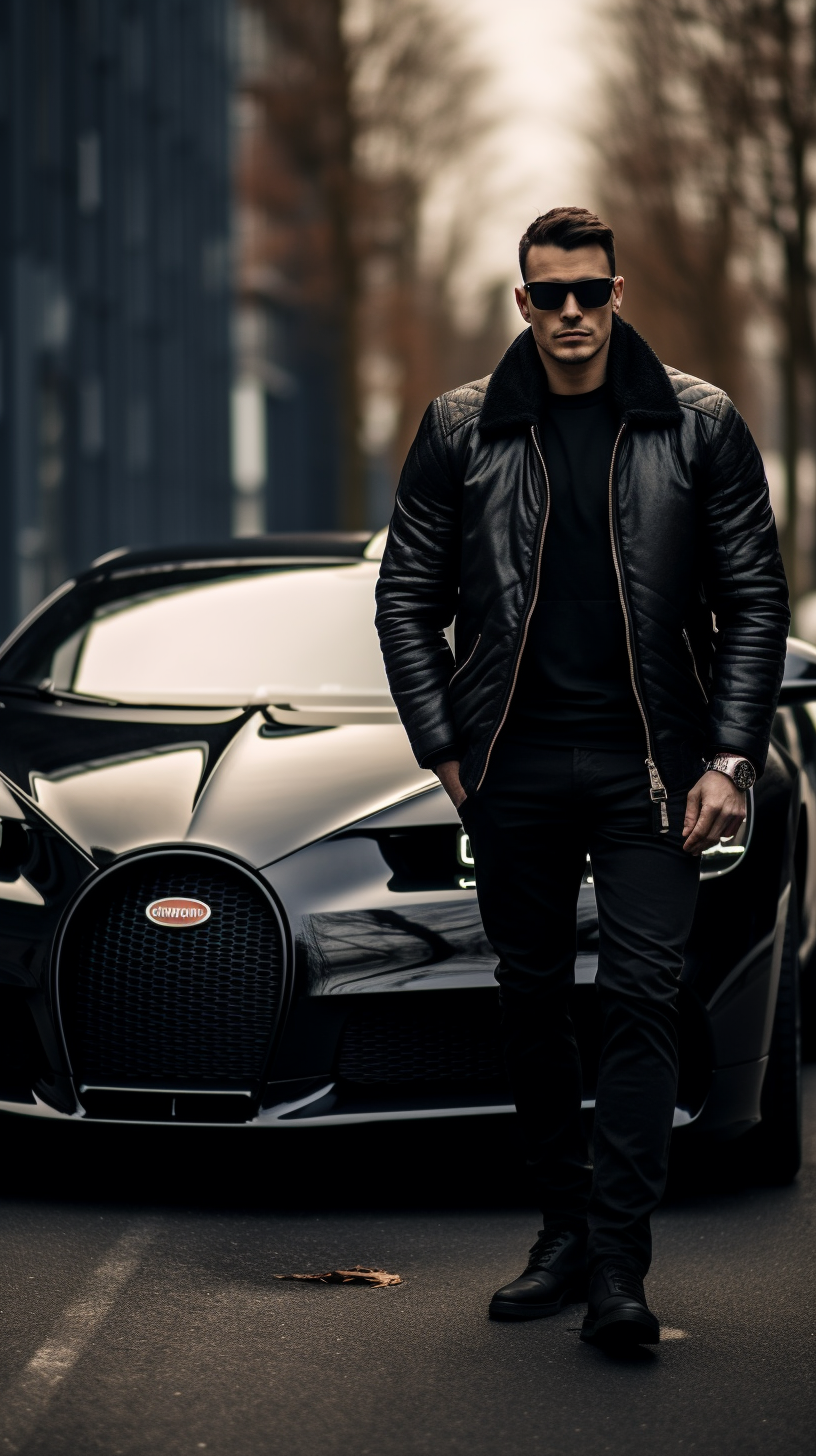 American man leaning on black Bugatti Chiron