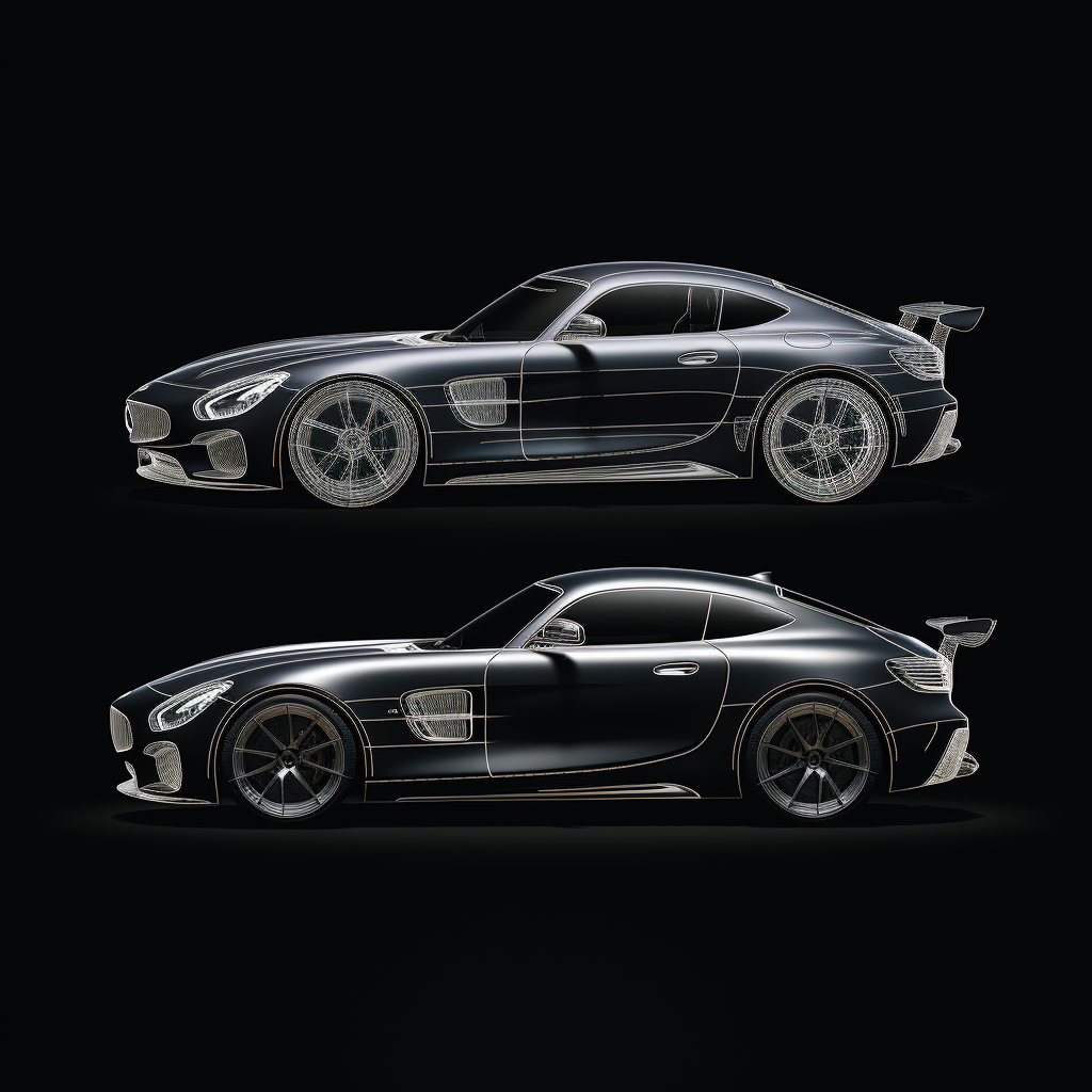 AMG GTS GT3 race car in top, side, and three quarter view