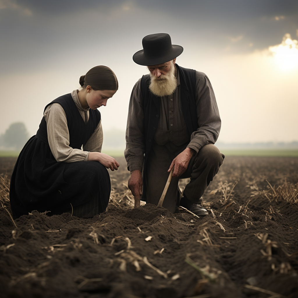 Amish farmers planting seeds in the field