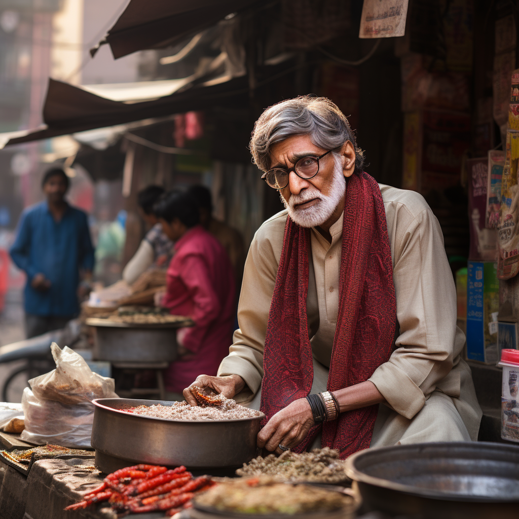 Sad Amitabh Bacchan selling pan on Indian street