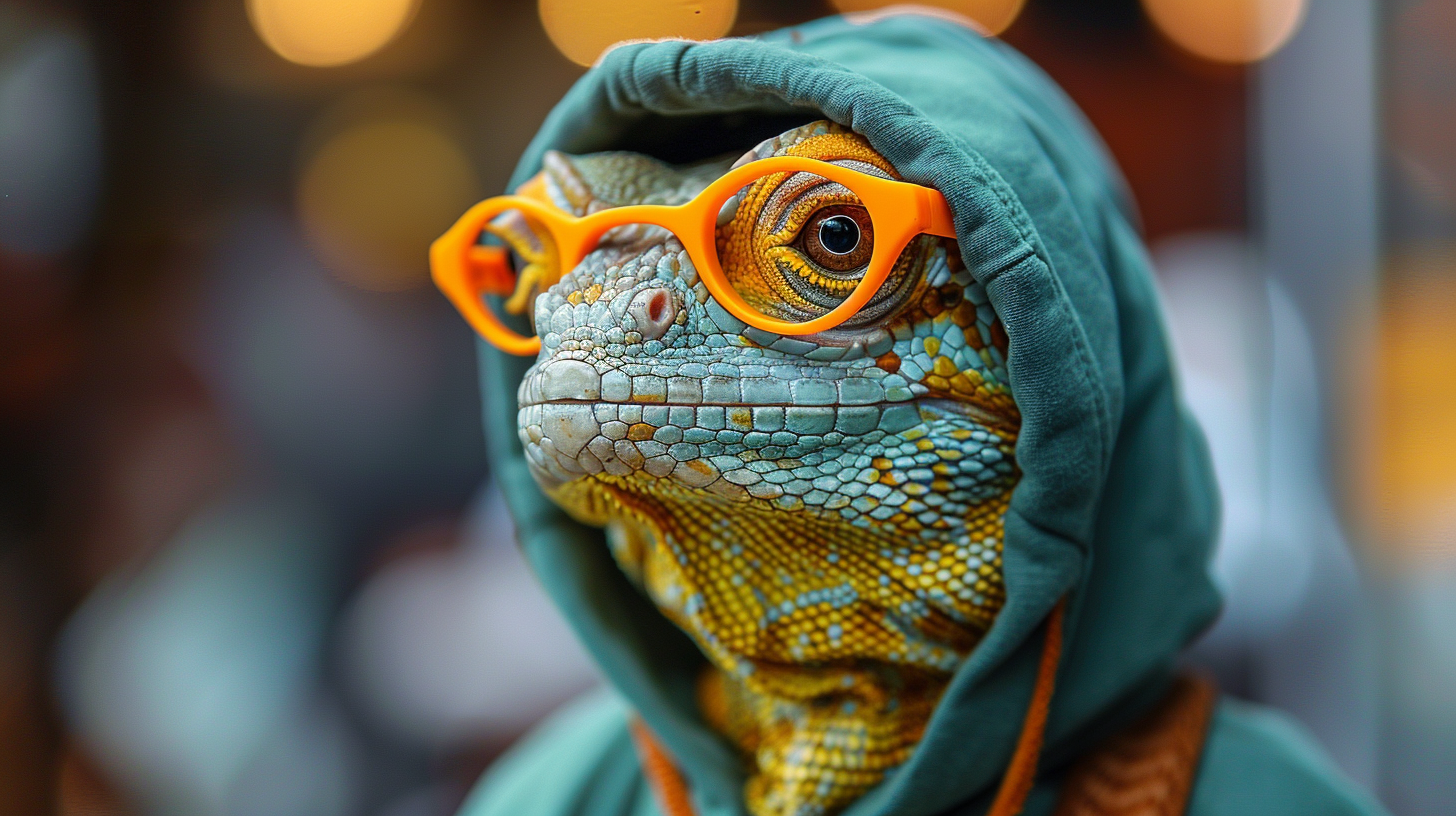 Dragon in green hoodie and orange glasses