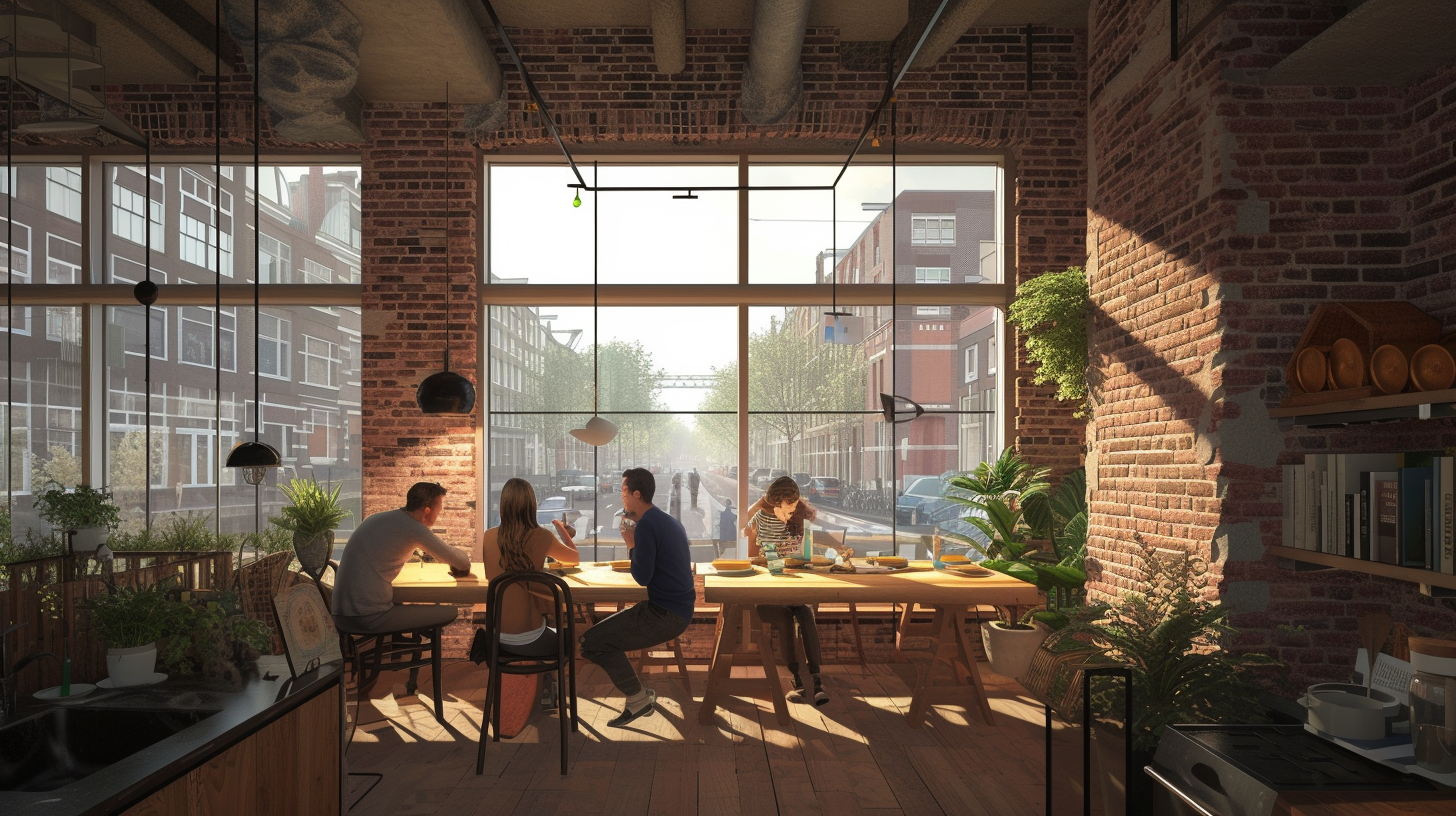 Amsterdam apartment dining room with brick wall