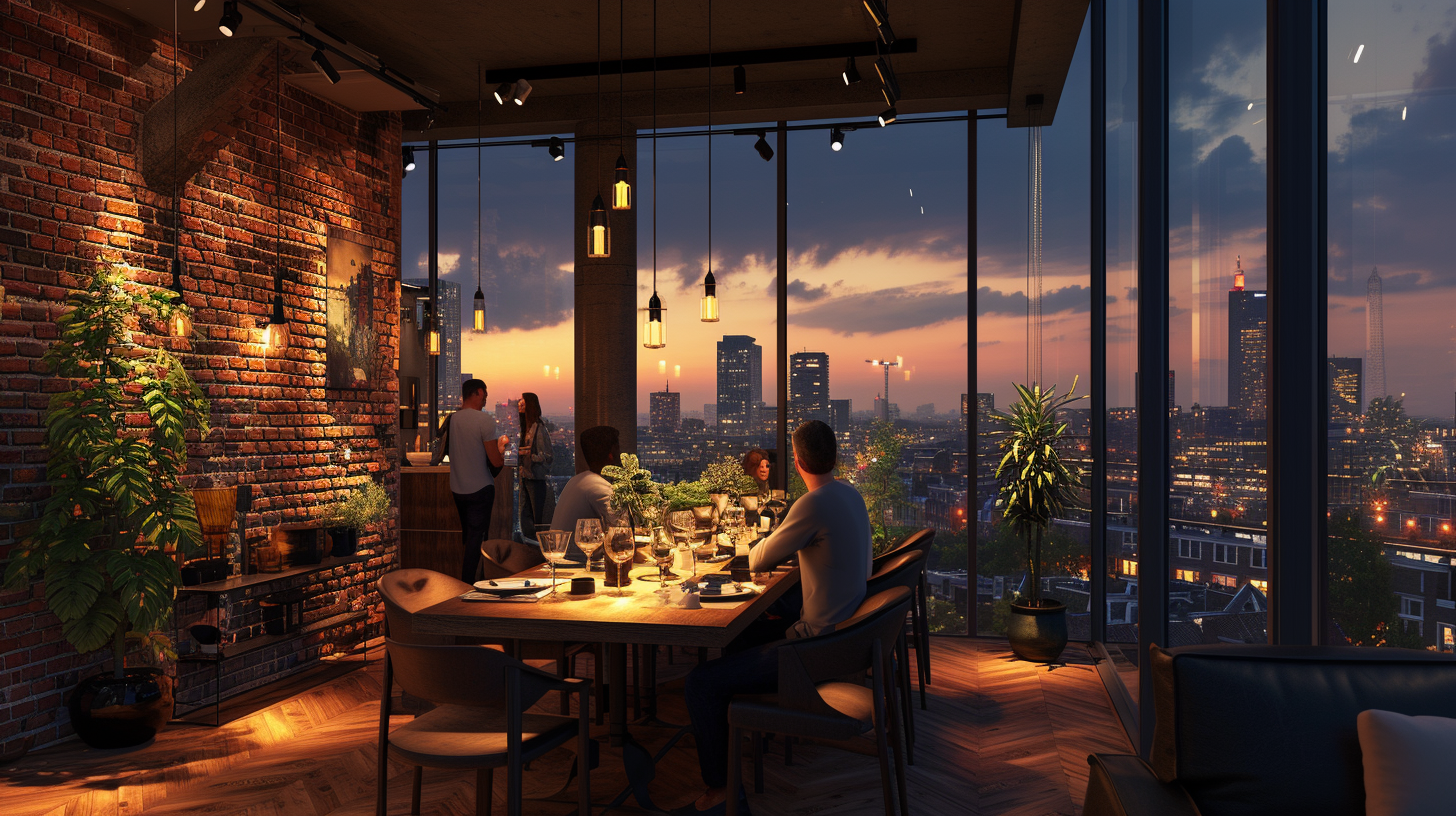 Amsterdam apartment dining room with brick wall