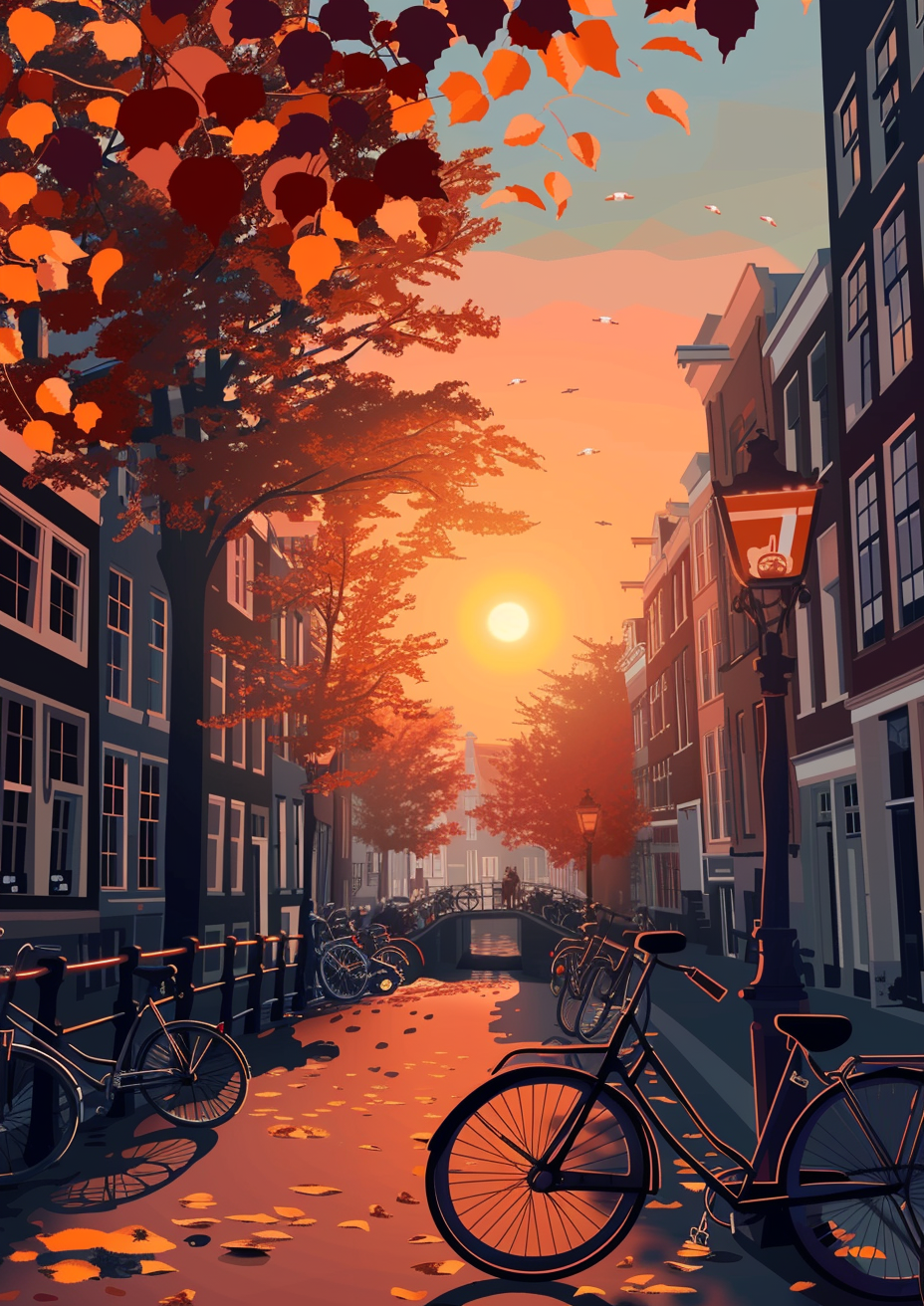 Amsterdam bikes sunset flat vector