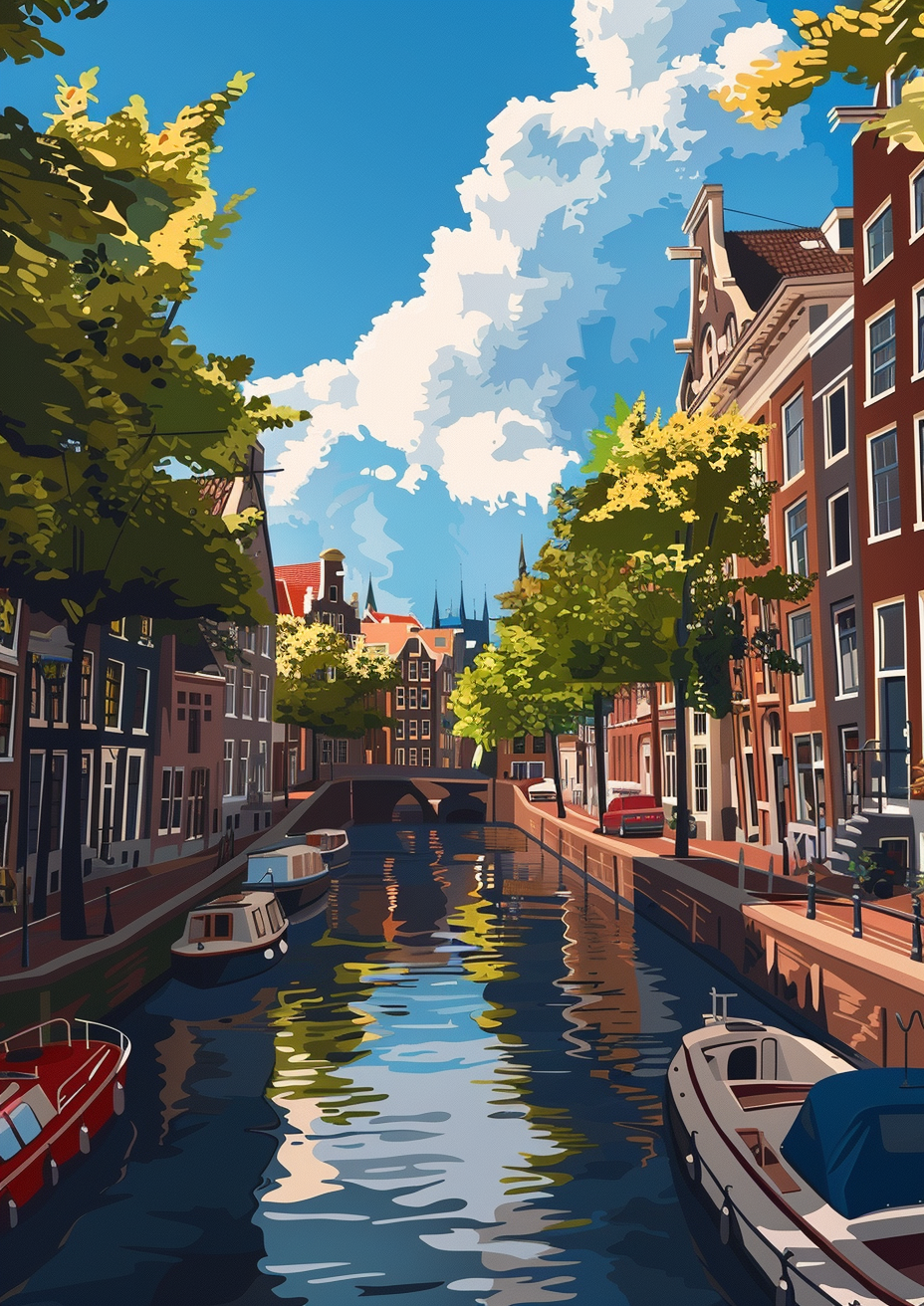 Amsterdam Canal Flat Illustration