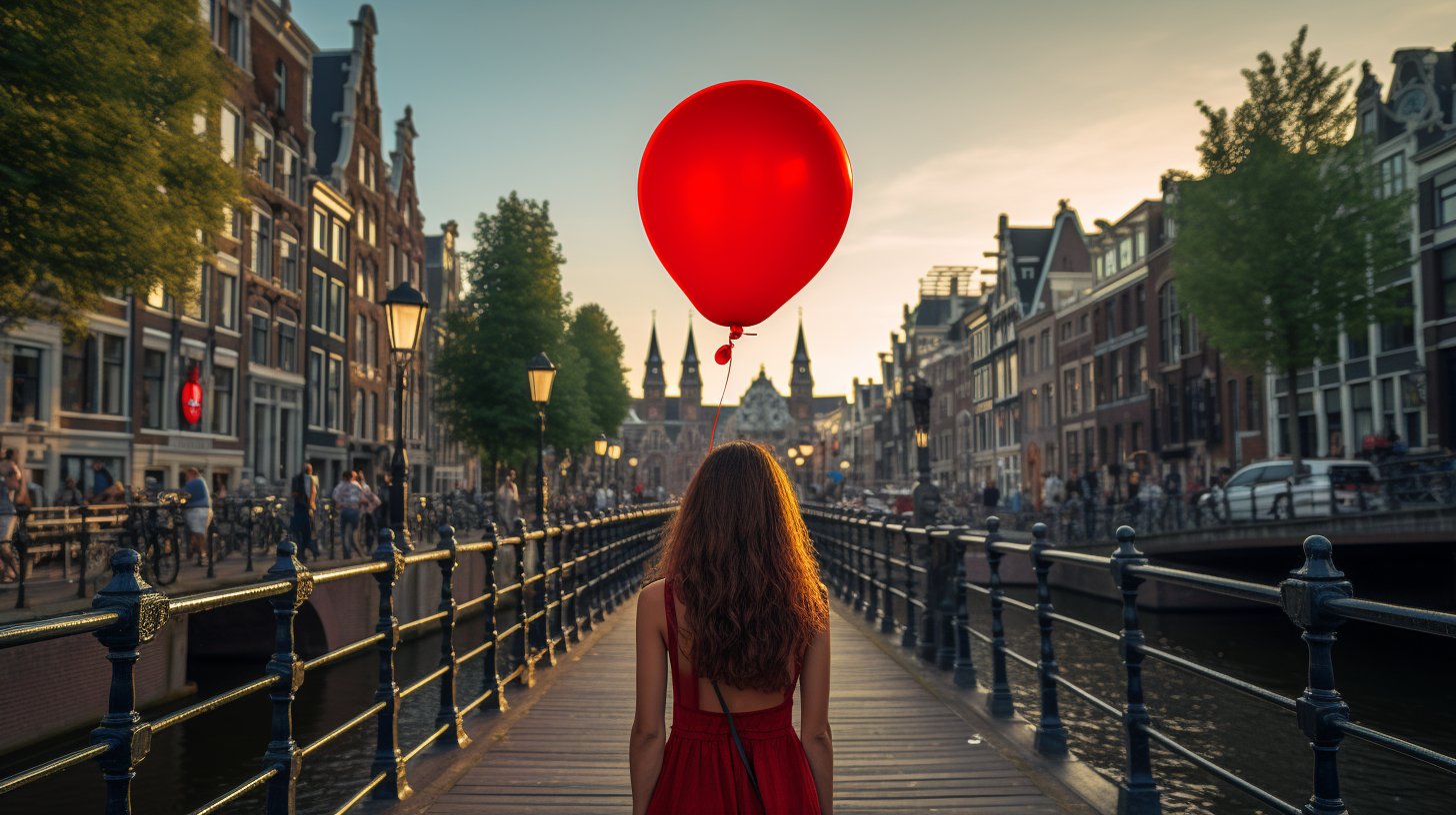 Woman with Balloon in Amsterdam Red Light District