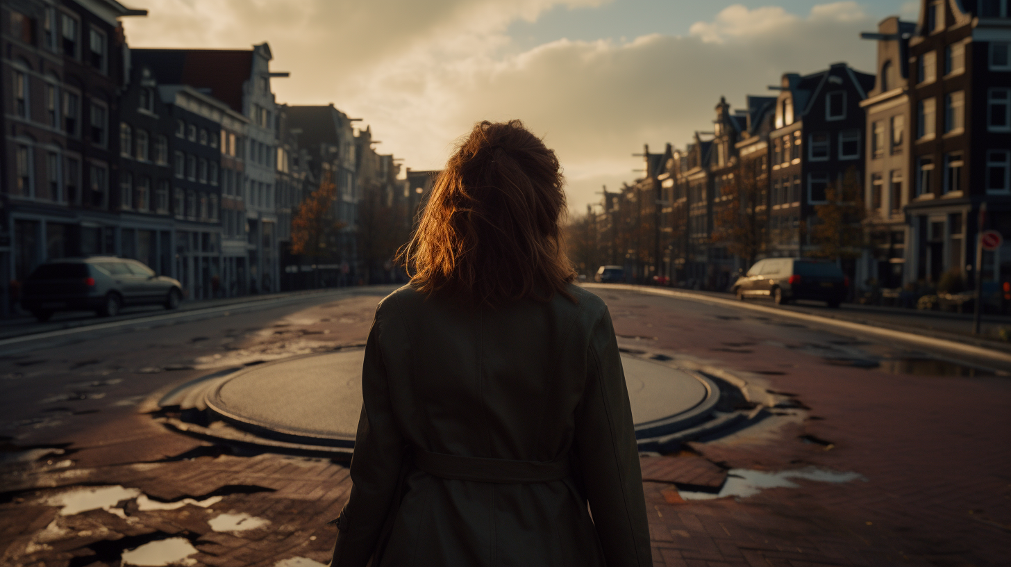 Woman avoiding road holes in Amsterdam