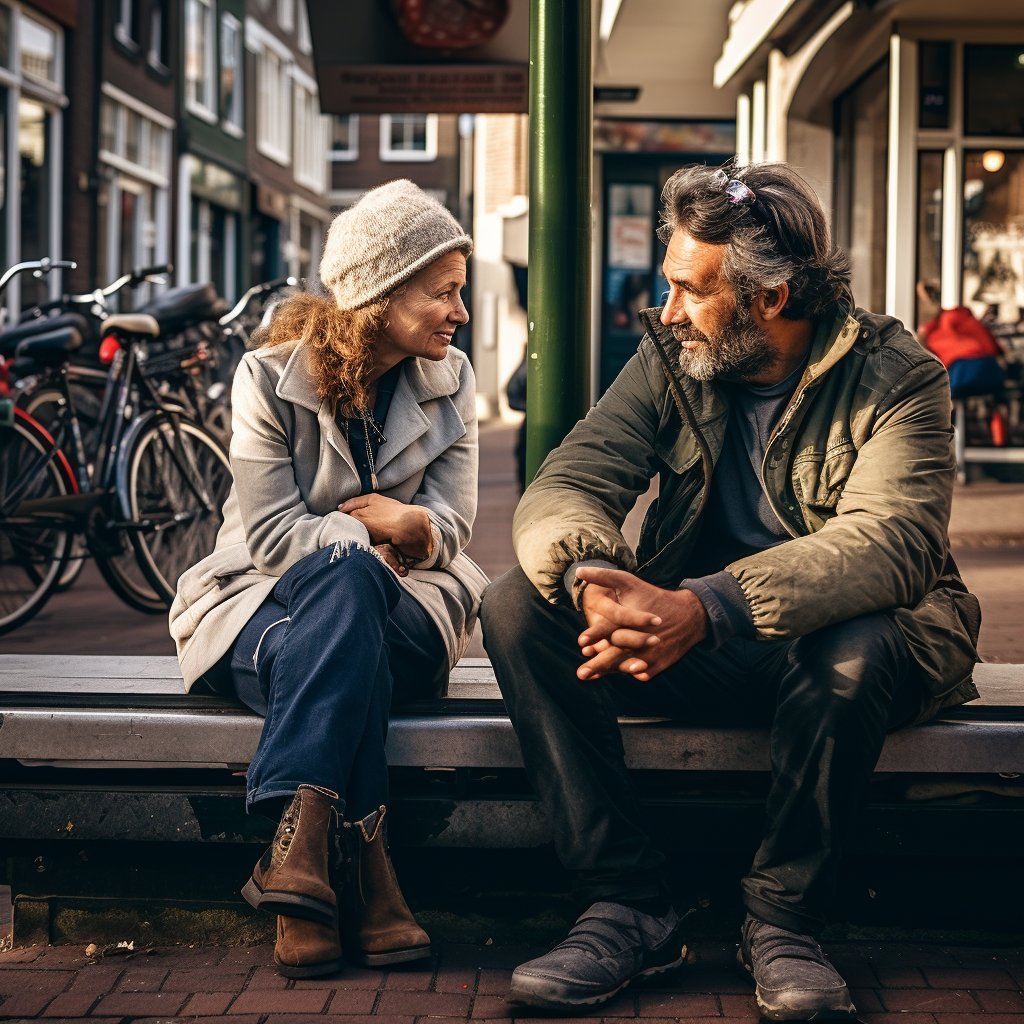 45-year-old woman interviews 30-year-old guy on wooden bench