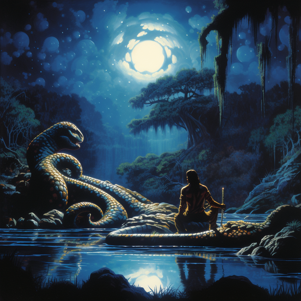 Dark Fantasy Image of Anaconda Warrior with Cheeseburgers