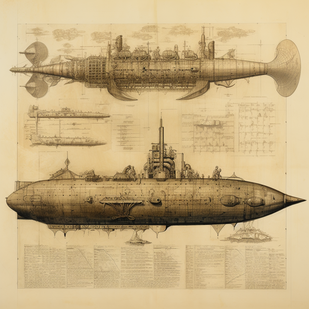 Imposing submarine underwater bombs analytic drawing