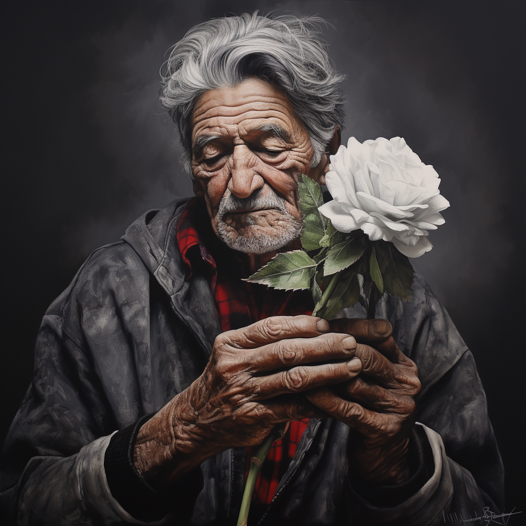 Elderly man holding a flower