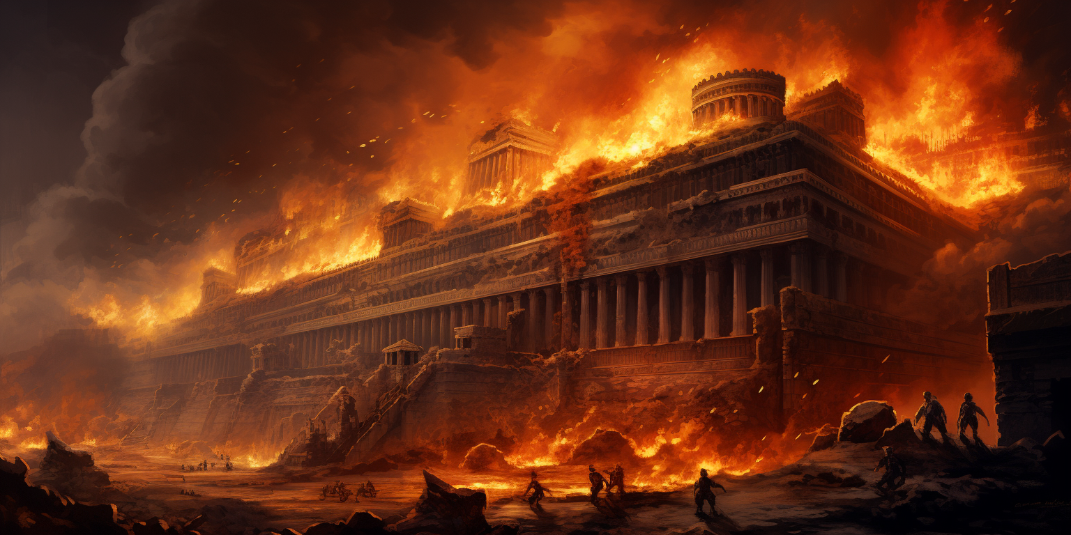 Destroyed ancient Akkadian palace in flames