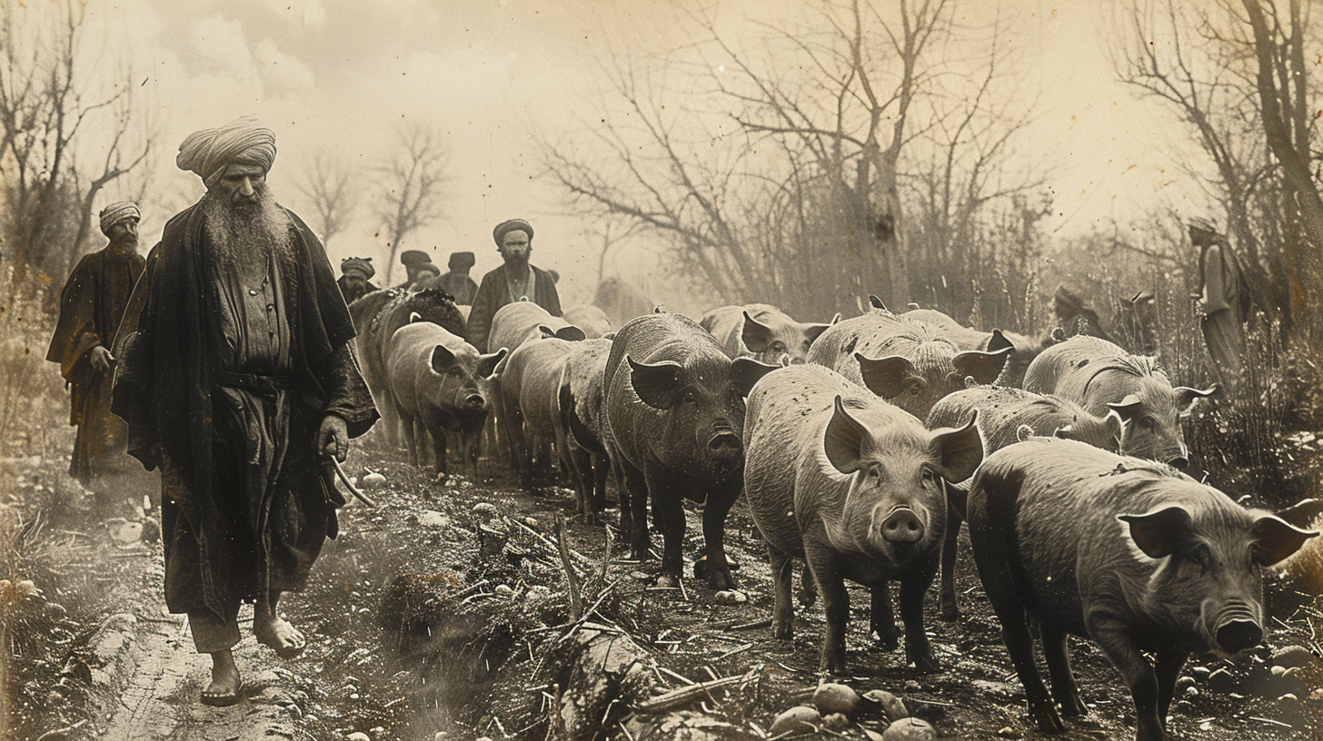 Scared Arab people tending pigs