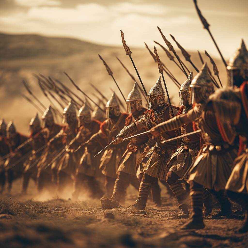 Ancient soldiers training with spears