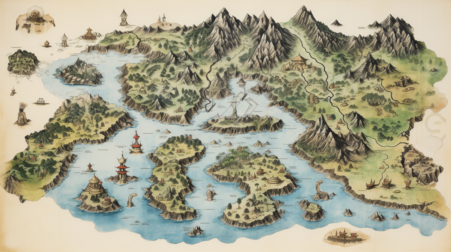 Ancient Asian hand-drawn map artwork