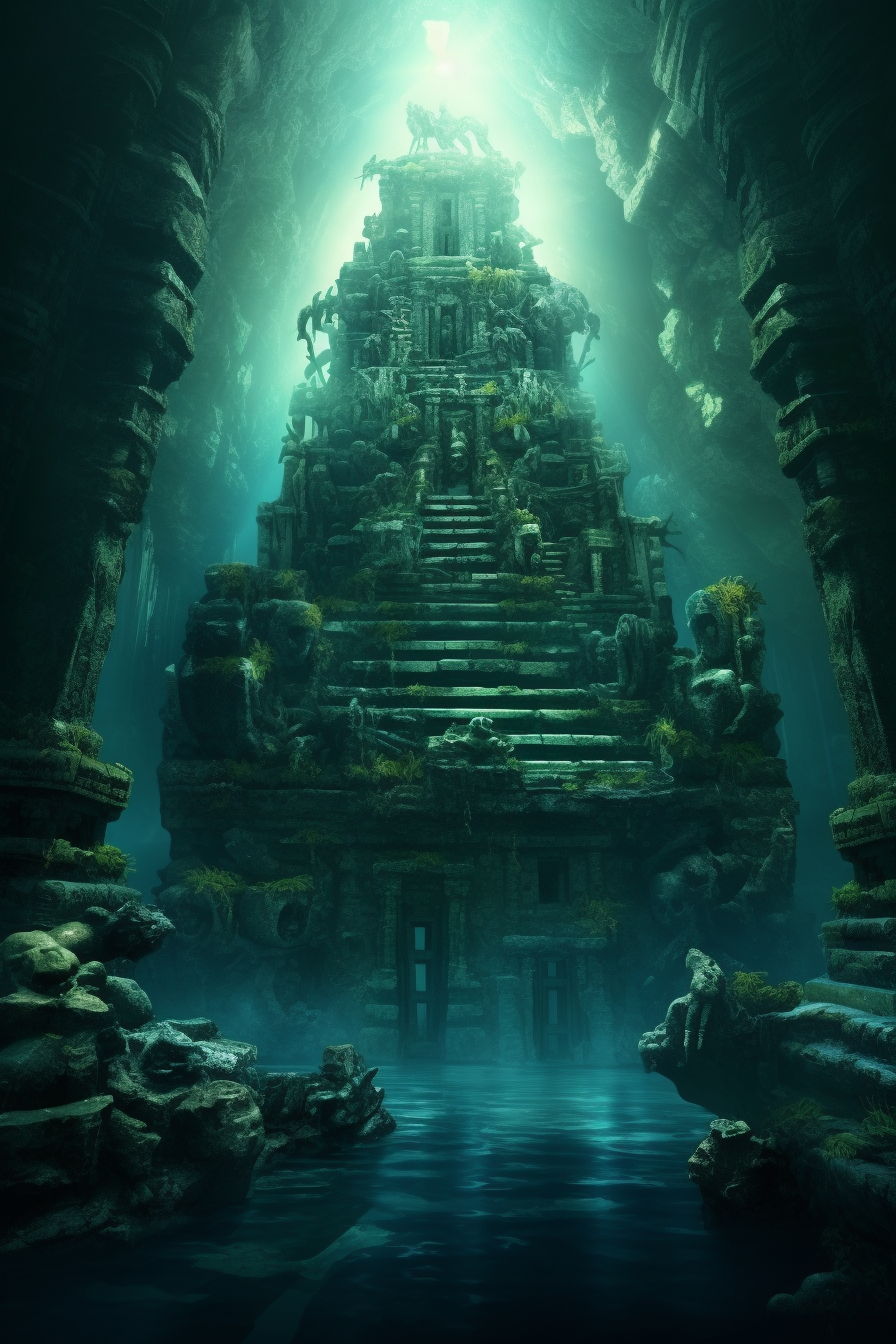 Nostalgic fantasy underwater temple with giant fishman