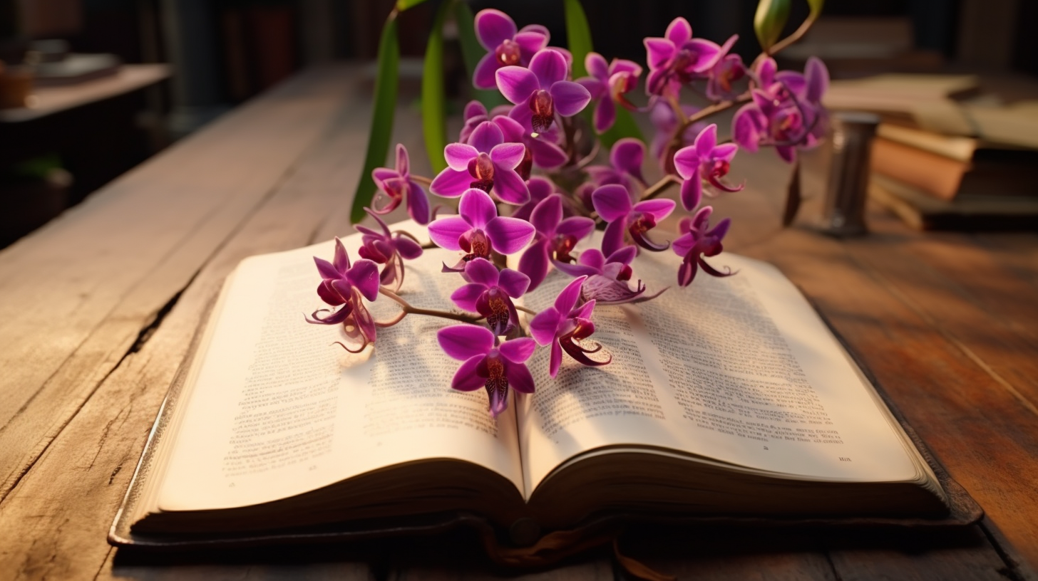 Ancient book describing orchids on wooden table