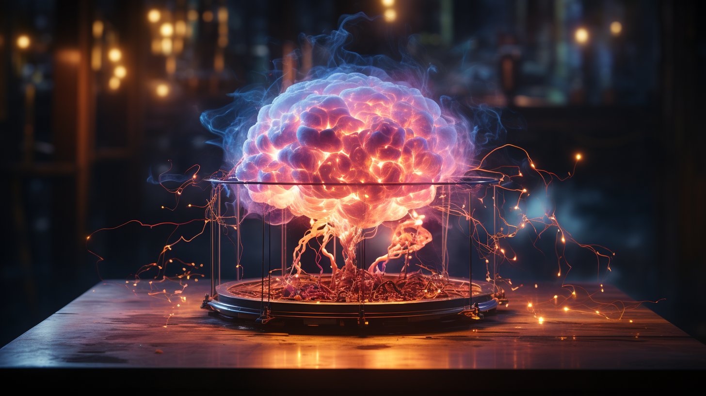 Image of ancient brain on a table with electric sparks