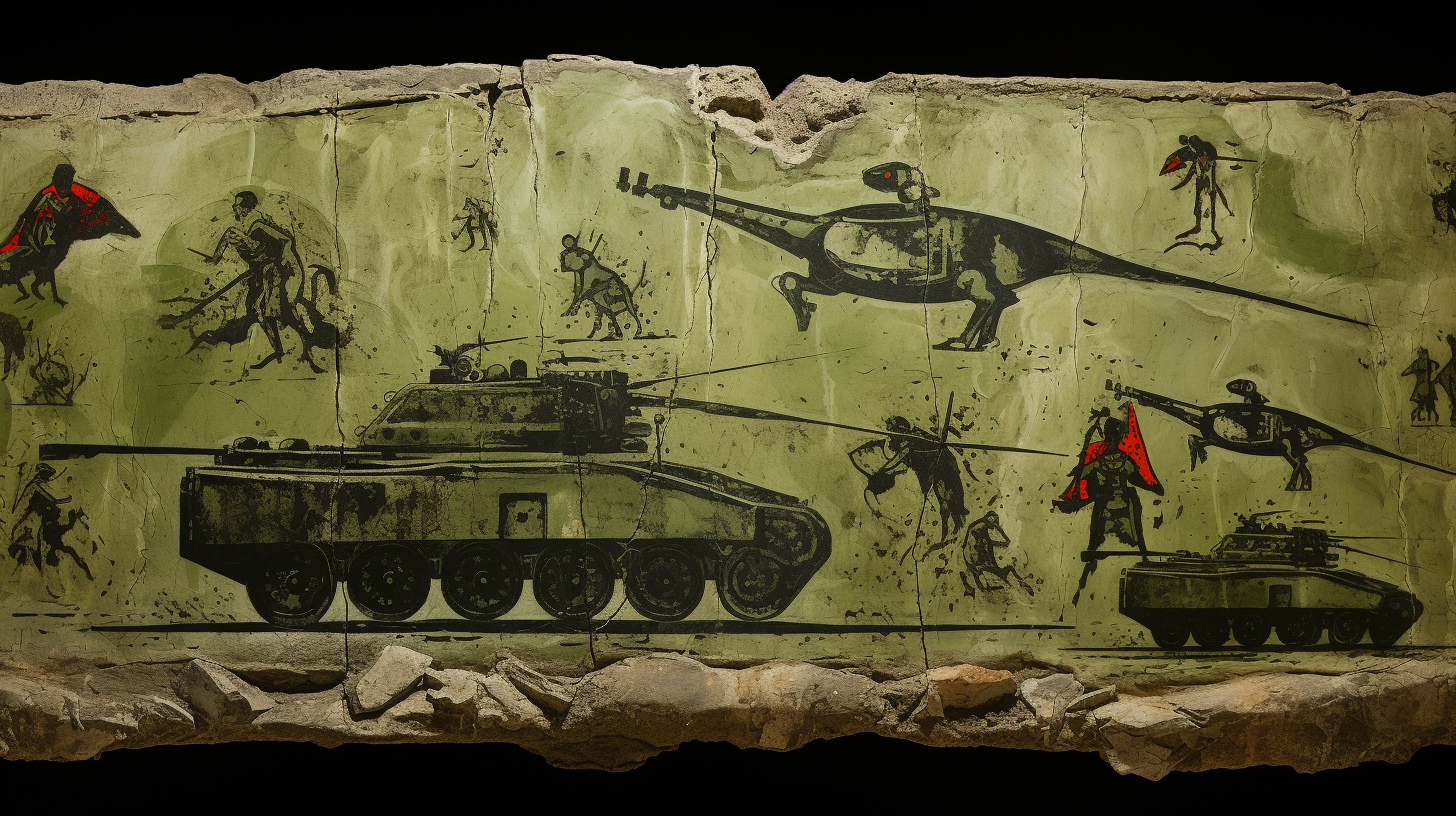 Ancient cave paintings featuring green war tanks