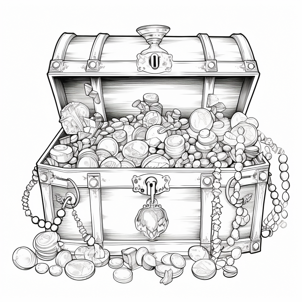 Cartoon image of ancient chest with coins, jewels, and gemstones