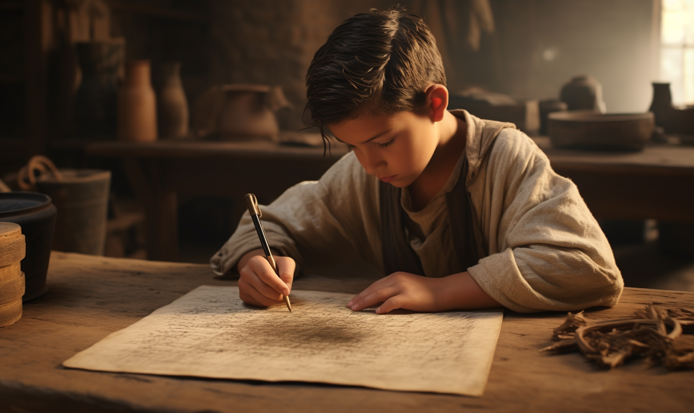 Ancient child copying alphabet on parchment