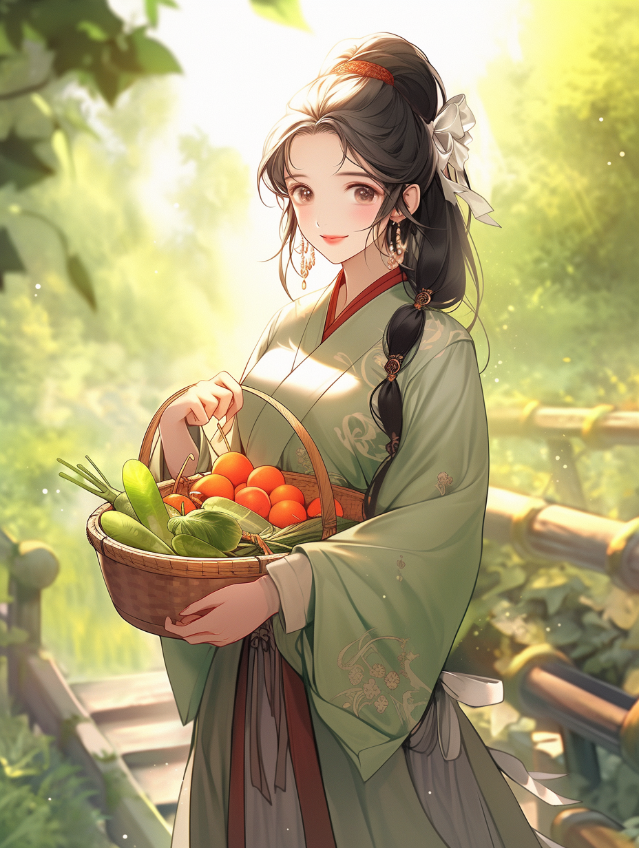 Ancient Chinese lady with wooden basket on veggie farm