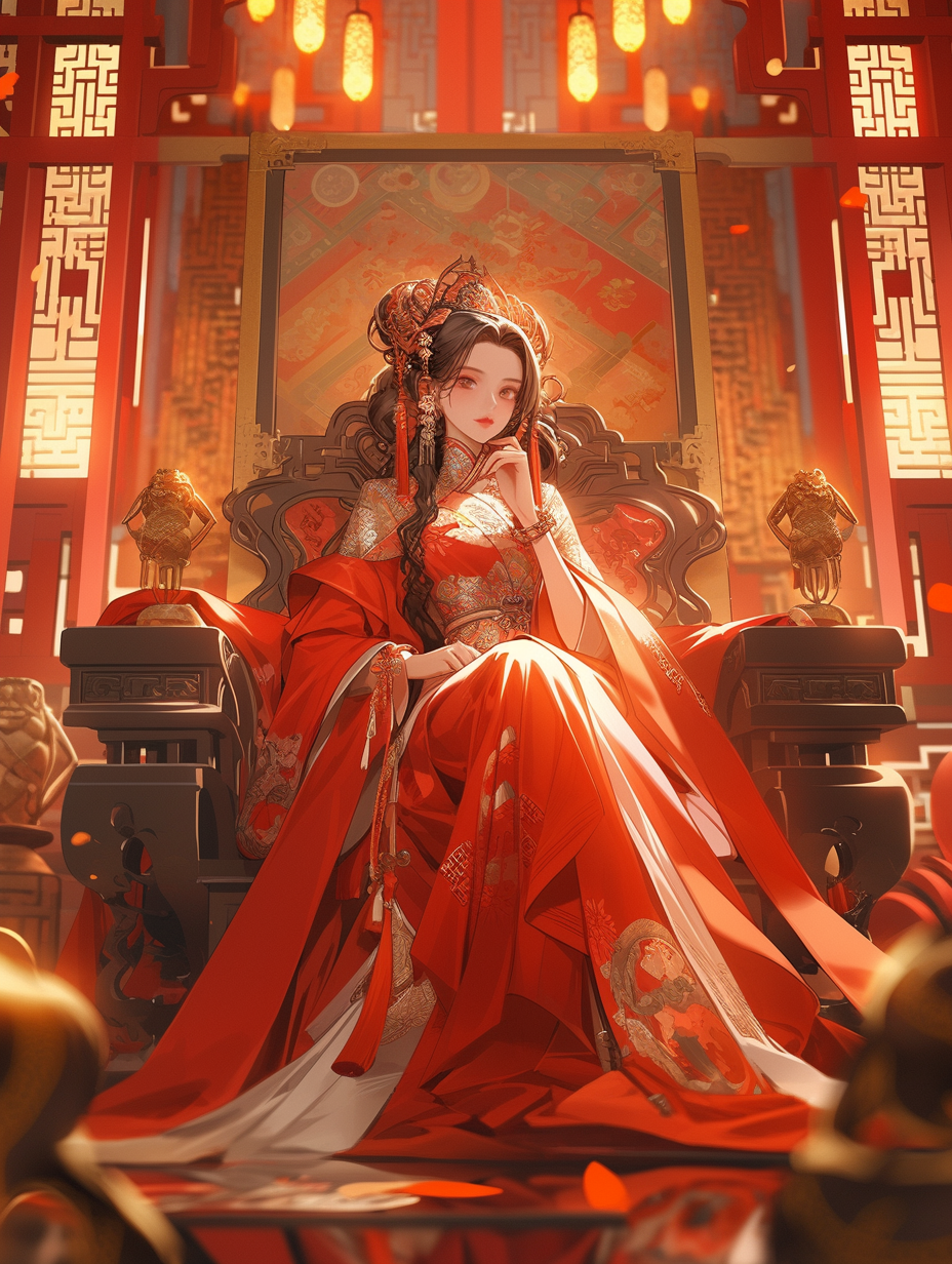 Elegant and Furious Ancient Chinese Queen on Throne