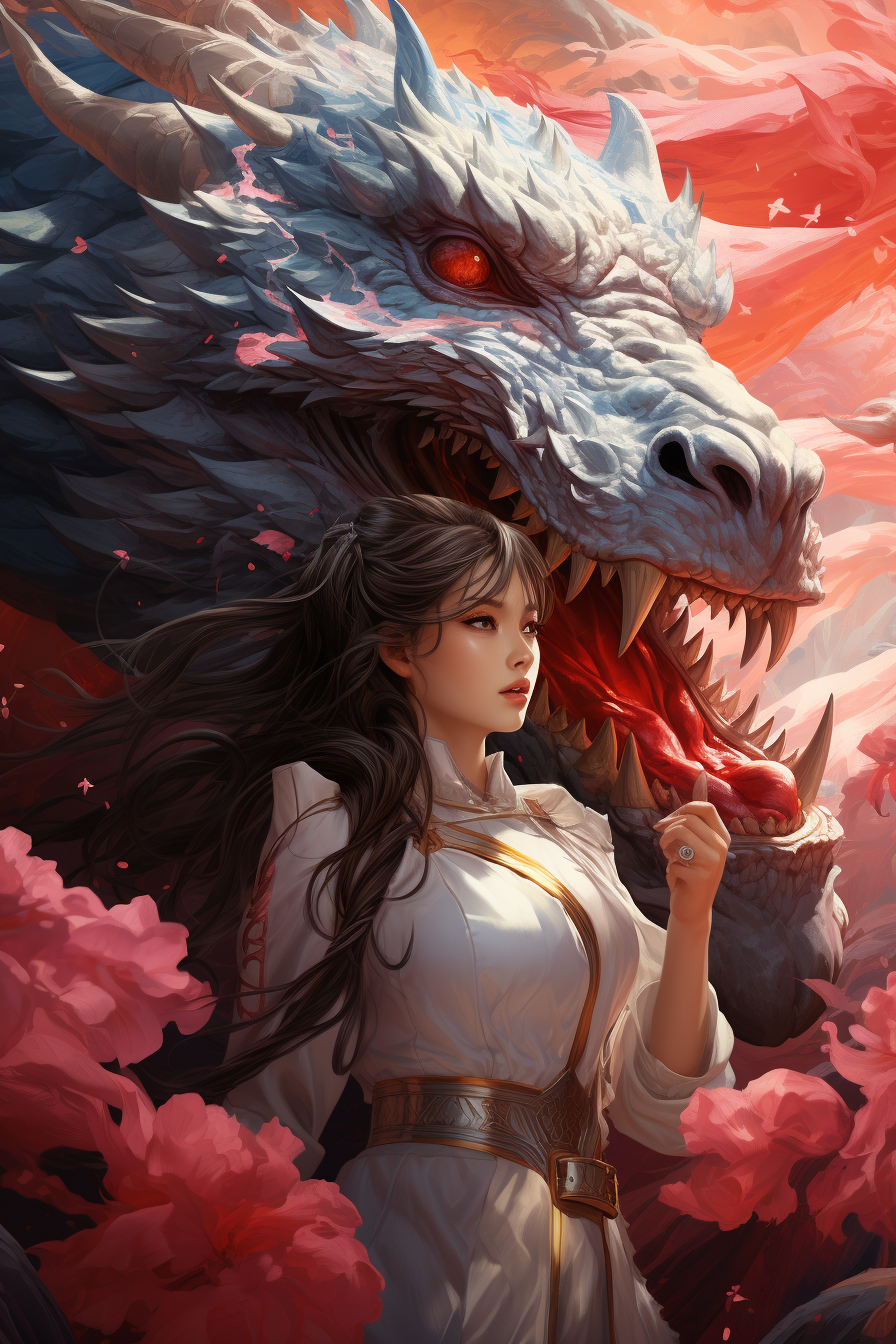 Ancient Chinese girl fighting a black dragon artwork