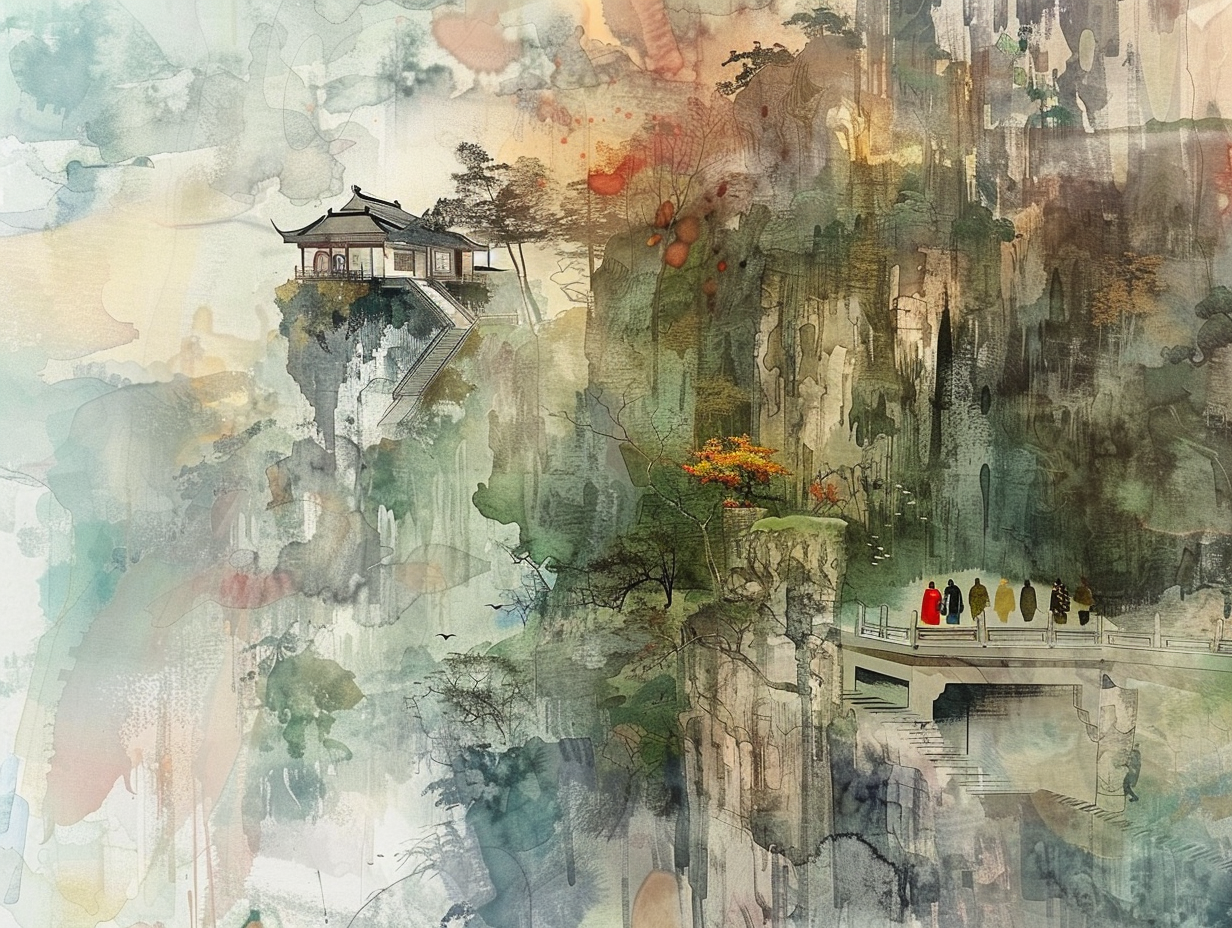 Chinese landscape painting with pedestrians and monks