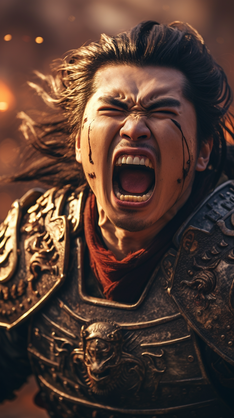 Ancient Chinese male warrior screaming in rage